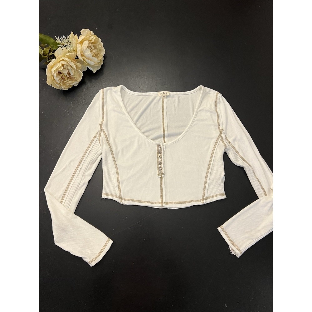 POL Boutique NWOT Cream Ribbed & Waffle Knit Cropped Henley Long Sleeve Top Sz M